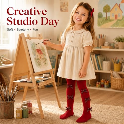 Image of VIKITA Girls Ribbed Tights with Bow - Soft Daily Knitted Leggings