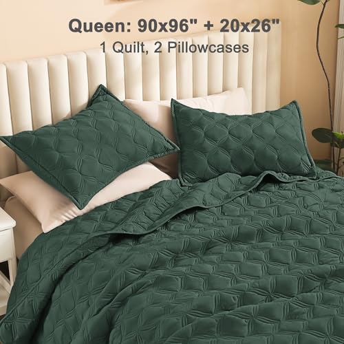 Image of Litanika Queen Quilt Bedding Set, Forest Green Summer Lightweight Soft Comforter Bedspreads & Coverlets, Boho Farmhouse Bedding Cover Bed Decor All Season, 3 Pieces (1 Quilt, 2 Pillowcases)