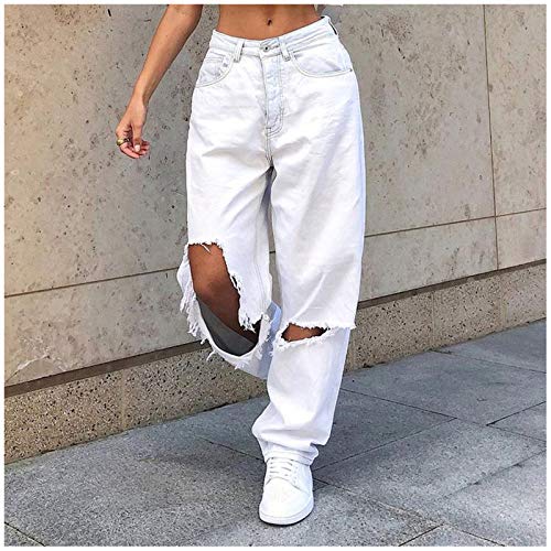 mmknlrm Calça feminina buraco com botão elástico solto jeans bolso calça jeans cintura alta jeans fe
