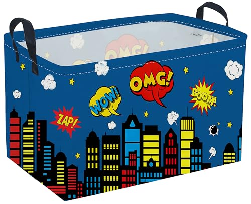 Image of Sanjiaofeng Rectangular Blue City Hero Skyline Basket,Baby Storage Bins with Handles,Comics Hero Kid Basket,Building Silhouettes Storage Bin,Room Decor(Building)