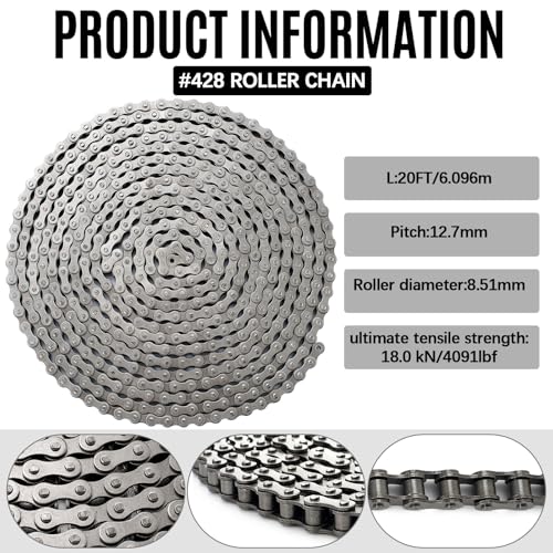 Image of Tandefio #428 20 ft Roller Chain for Gate Openers Carbon Steel Operator Chain with 2 Connecting Links for Extension Replacement Electric Automatic Sliding Gate Opener Garage Hanger Door Karts Bike