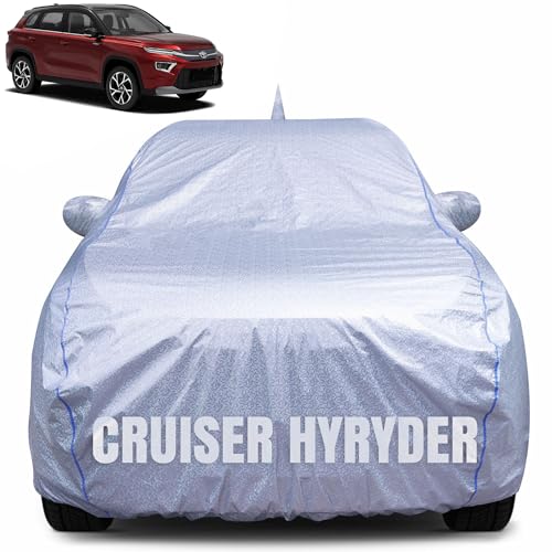 Image of 100% Waterproof Car Body Cover for Toyota Urban Cruiser Hyryder with Mirror Pocket, Heat & UV Resistant, Triple Stitched, Soft Lining, Bottom Elastic & Piping (Silver Reflective)