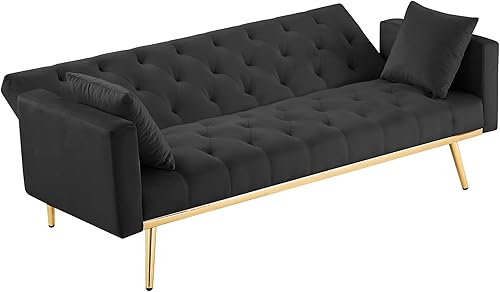 Miniatura 100 de Moderno sofá biplaza de terciopelo de 59 pulgadas con 2 bolsillos, sofá cama convertible tapizado con respaldo múltiple ajustable, sofá futón con