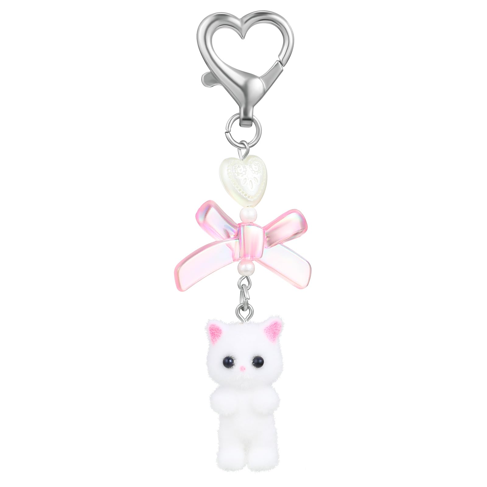 Set 3 Portachiavi Estetici Con Gatto Sfocato, Ciondoli Peluche Con Perline E Cuore, Accessori Y2K Per Borse E Zaini, Nero, Bianco E Grigio
