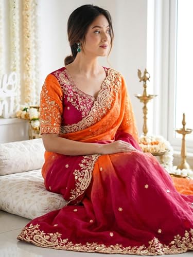 Image of SIRIL Women's Shimmer Chiffon Scalloped Border Sequins Embroidery Saree With Unstitched Blouse Piece