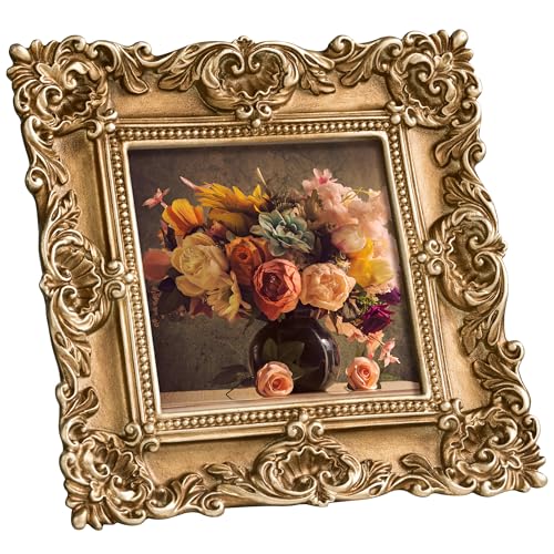 eletecpro 4x4 Vintage Picture Frame with Real Glass Cover, Ornate Antique Photo Frame, Display 4x4 Picture for Tabletop or Wall Hanging, Gold Home Decor for Gallery Art