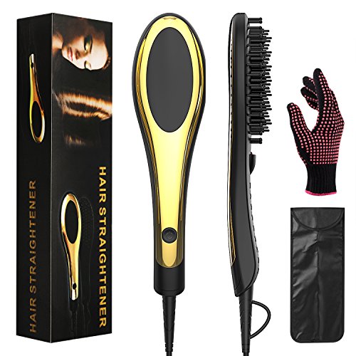 Hair Straightener Brush: Curly/Natural Hair Straightening Brush For Women, For All Hair Types and Lengths-Non Damage Ceramic Plates with Anti-Scald Feature-Adjustable Temperature (H2)