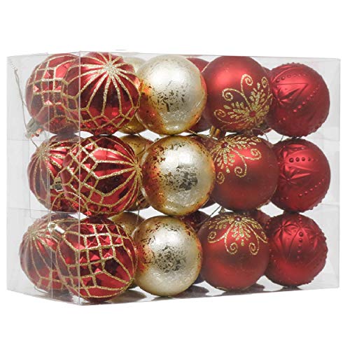 Valery Madelyn 24Pcs Bolas de Navidad de 6cm, Adornos Navideños para Arbol, Decoración de Bolas de Navidad Inastillable Plástico de Rojo y Dorado, Regalos de Colgantes de Navidad (Lujo)