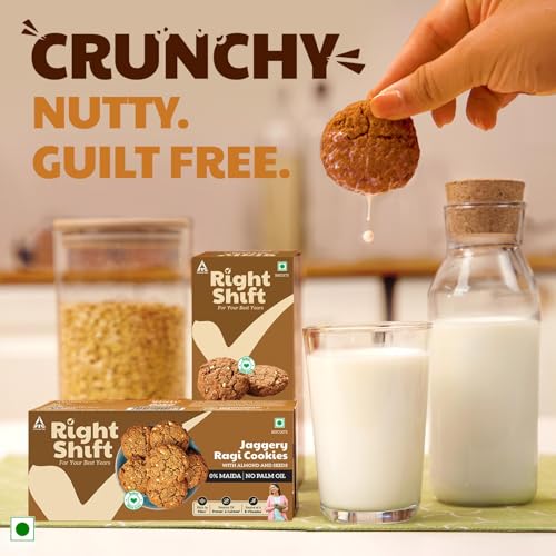 Image of Right Shift Jaggery Ragi Cookies, 3x100g | No Palm Oil, No Maida, No Refined Sugar | High Fibre Digestive, Protein and Calcium Biscuits | Guilt Free Snacks for Adults (Pack of 3)