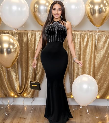 Image of Jigfar Women Sexy Elegant Rhinestone Mesh See Through Party Club Night Split Bodycon Formal Maxi Dress