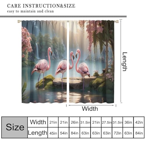 Flamingo Curtains, Natural Romantic Riverside Forest Scenery Pink Floral Bird Pattern Home Decor Window Treatments For Girl Woman, Blackout Rod Pocket Drapes for Living Room Bedroom Bathroom 63x63in