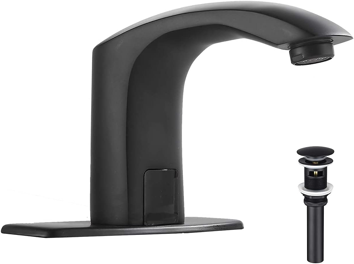 Automatic Sensor Touchless Bathroom Sink Faucet with Hole Cover Plate, Black Vanity Faucets, Hands Free Bathroom Water Tap with Control Box and Temperature Mixer
