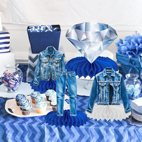 Image of 12Pcs Denim and Diamonds Party Honeycomb Centerpieces Denim and Diamonds Birthday Party Supplies Denim Themed Table Centerpieces Jeans Table Decorations for Bachelor Bridal Shower Party Decor