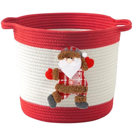 Image of Christmas Gift Baskets Empty, Christmas Decoration Storage Basket with Handle, Baby Gift Basket for Toys, Towels, Diapers, Woven Cotton Rope Basket With Santa Claus, Red
