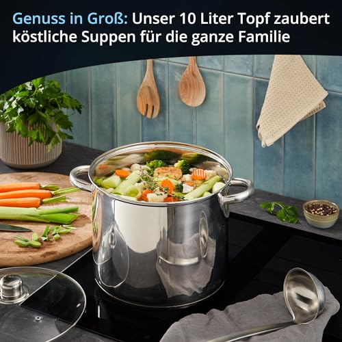 KHG Topf Kochtopf 26 cm, 10 Liter Induktion, Edelstahl unbeschichtet inkl. Glasdeckel – Ansicht 3