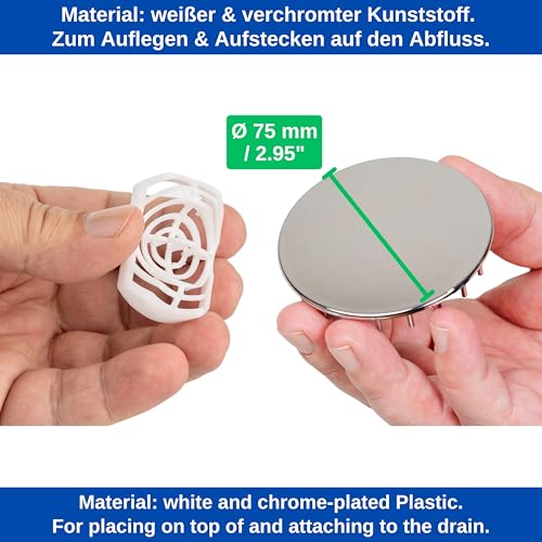 Duschabfluss Deckel Set mit Haarfänger, Ø 75 mm, verchromt, kompatibel mit Viega Domoplex 6928 und 6929, passend für 6930.0, 649 968, Ersatz Ablaufdeckel Wanne, Haarfilter Siebeinsatz Duschablauf