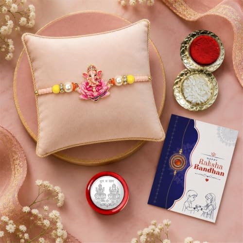 Image of Oblivion Rakhi For Brother - Elegant Stylish God Designer Rakhi with Beads and Silver Colour Pooja Coin, Tilak Set & Greeting Card - Traditional Raksha Bandhan Combo for Bhai (Ganesha, Variant 5)