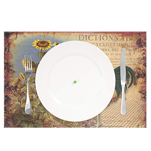 Visesunny Placemat Table Mat Desktop Decoration Grunged Rooster With Sunflower Placemats Set Of 4 Non Slip Stain Heat Resistant For Dining Home Kitchen Indoor 12X18 In #TOP1