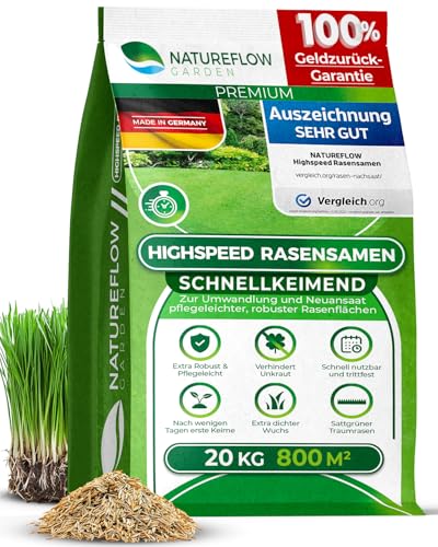 Rasensamen schnellkeimend Sommer 20kg 800qm - TEST SEHR GUT - Schnell wachsende Rasen Nachsaat Made in Germany - Premium Grassamen schnellkeimend - Rasensaat für sattgrünen Traumrasen Rasensamen schnellkeimend Sommer 20kg 800qm - TEST SEHR GUT - Schnell wachsende Rasen Nachsaat Made in Germany - Premium Grassamen schnellkeimend - Rasensaat für sattgrünen Traumrasen