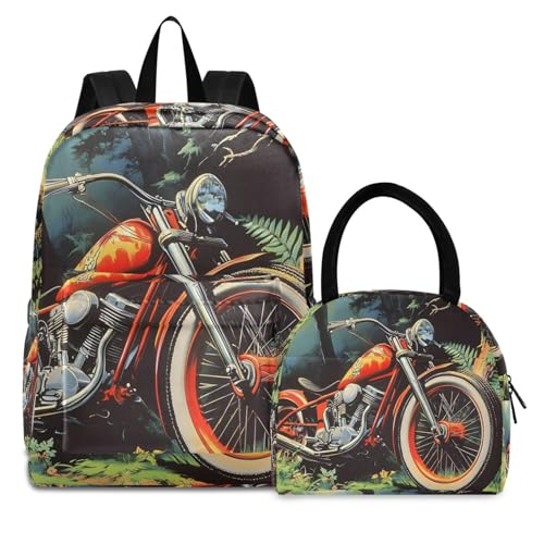 Backpack Lunch Box Set Large Capacity Travel Backpacks and Insulated Lunch Bag for Commute Hiking Picnic Vintage Motorcycle Print
