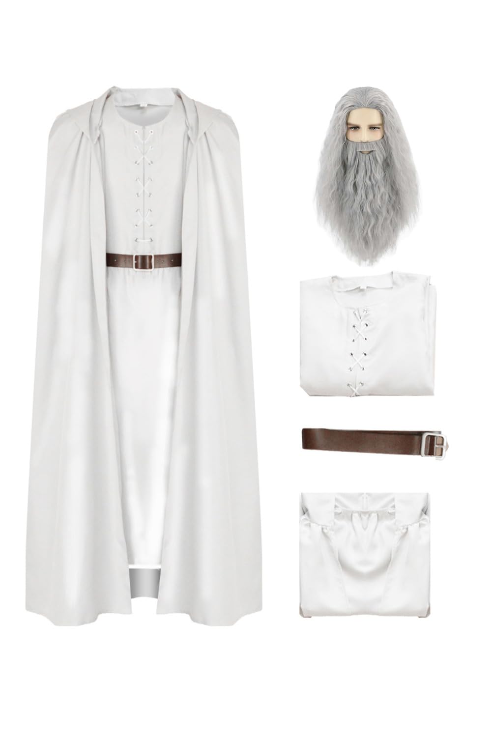 Gandalf Disfraz de cosplay blanco capa con capucha de mago, túnica larga, camiseta y cinturón, juego de disfraz de Gandalf, color blanco, capa medieval de monje para Halloween