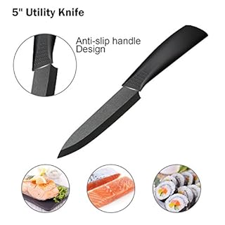 Ballery Set di coltelli in Ceramica, 4 Coltelli Ceramica e 1 Pelapatate (6'' Coltello da Cucina, 5'' Coltello Multiuso, 4'' Frutta, 3'' Sbucciatura) affilato e Leggero - Nero