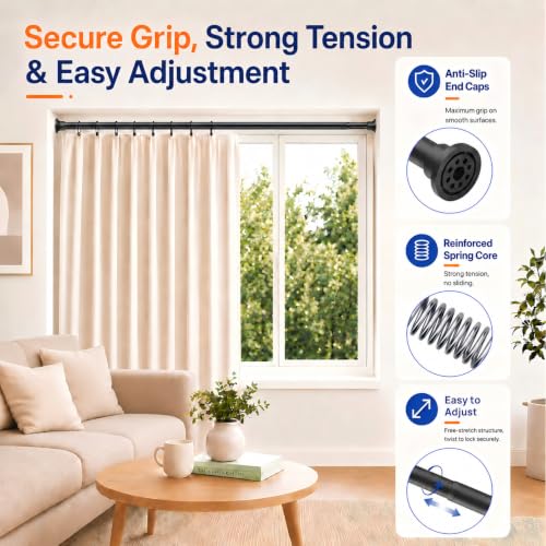 Image of ALLZONE Adjustable Tension Curtain Rod, 2 Pack 42 to 78 Inches, Spring Loaded Curtain Rods No Drilling, Renter Friendly Tension Rod for Windows, Shower, Closet, No Drill, Non-Slip, Black