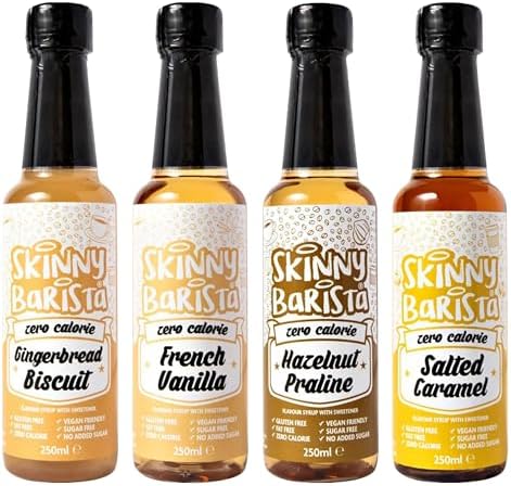 Skinny Food Co Sugar Free Coffee Syrup Gift Set - 4x250ml - French Vanilla, Salted Caramel, Gingerbread Biscuit, Hazelnut Praline - Zero Calorie Coffee Syrups