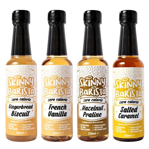 Skinny Food Co Sugar Free Coffee Syrup Gift Set - 4x250ml - French Vanilla, Salted Caramel, Gingerbread Biscuit, Hazelnut Praline - Zero Calorie Coffee Syrups