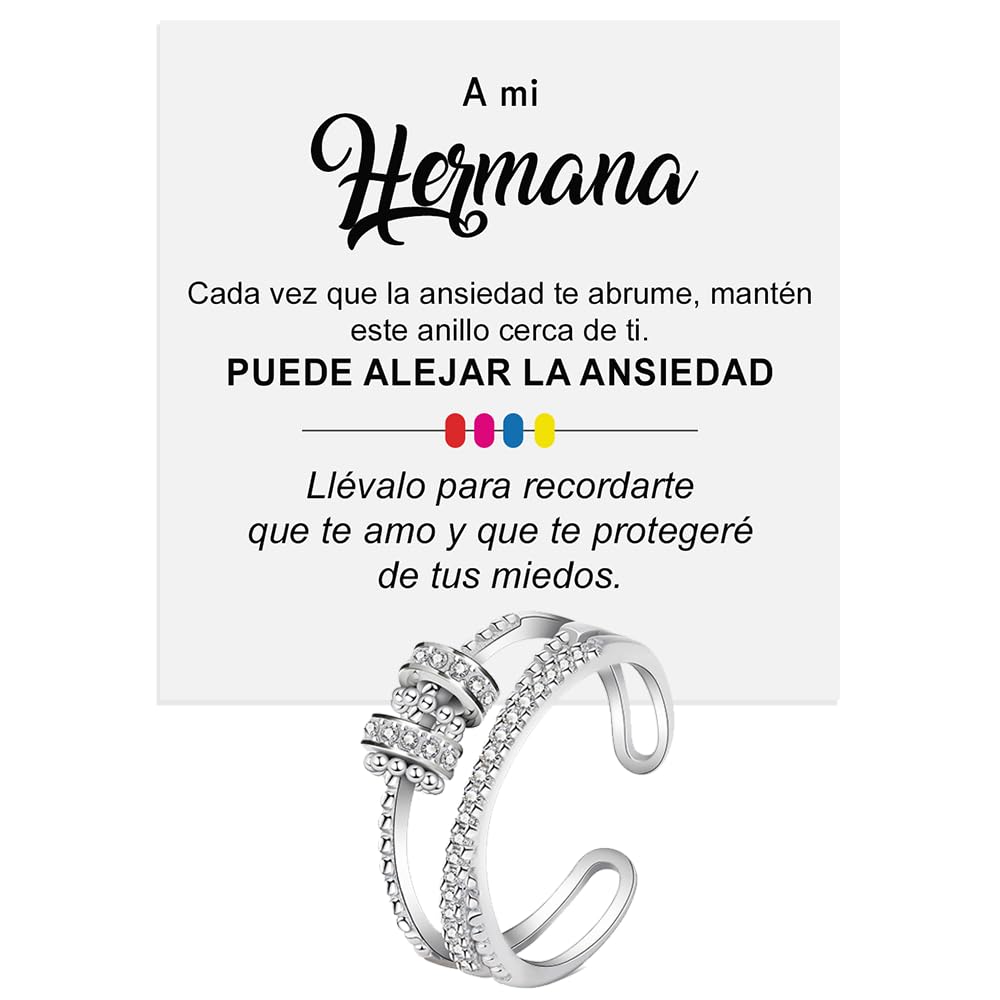 Bramart Anillo Mujer Hermana para Hermanas Mujeres Chicas en Plata de Ley 925 Inspiracional y de Motivación, Contra la Ansiedad Ajustable - Caja con DEDICATORIA incluida