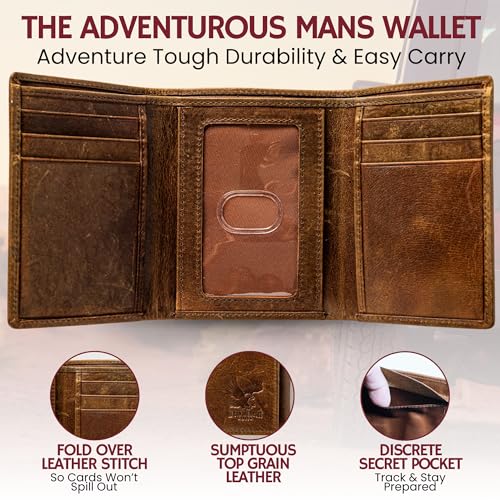 Image of BULL GUARD RFID Genuine Leather Trifold Wallets for Men ID Window, Secret Pocket, Eagle Brown - Wilderness Eagle Stream, 3.25 x 4.25 x 0.75 inches, Trifold Wallet