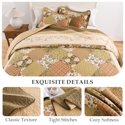 CozyStitch Floral Bedspread 120"x120" Oversized King Bedspread, 100% Cotton California King Quilt with 2 Pillow Shams, Lightweight Farmhouse Quilted Bedspreads Coverlet Set, Brown, 3 Pcs — view 5