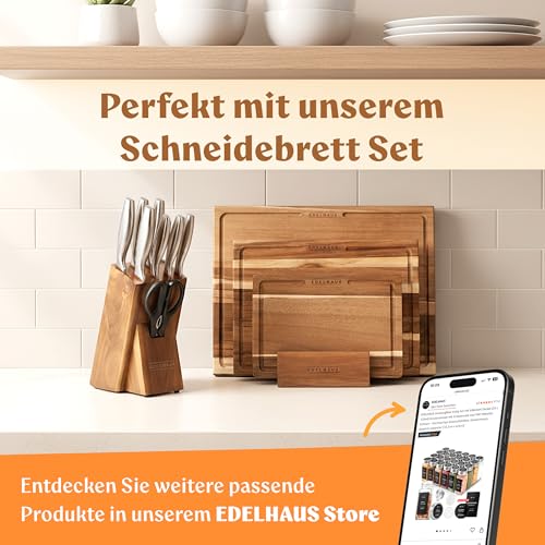 EDELHAUS Messerblock mit Messer - 9 Teiliges Profi Messerset mit Block & integriertem Messerschärfer, Küchenmesser Set aus X50CRMOV15 EDELSTAHL, Edelstahlgriffe Messer Set mit Schere, Akazienholzblock
