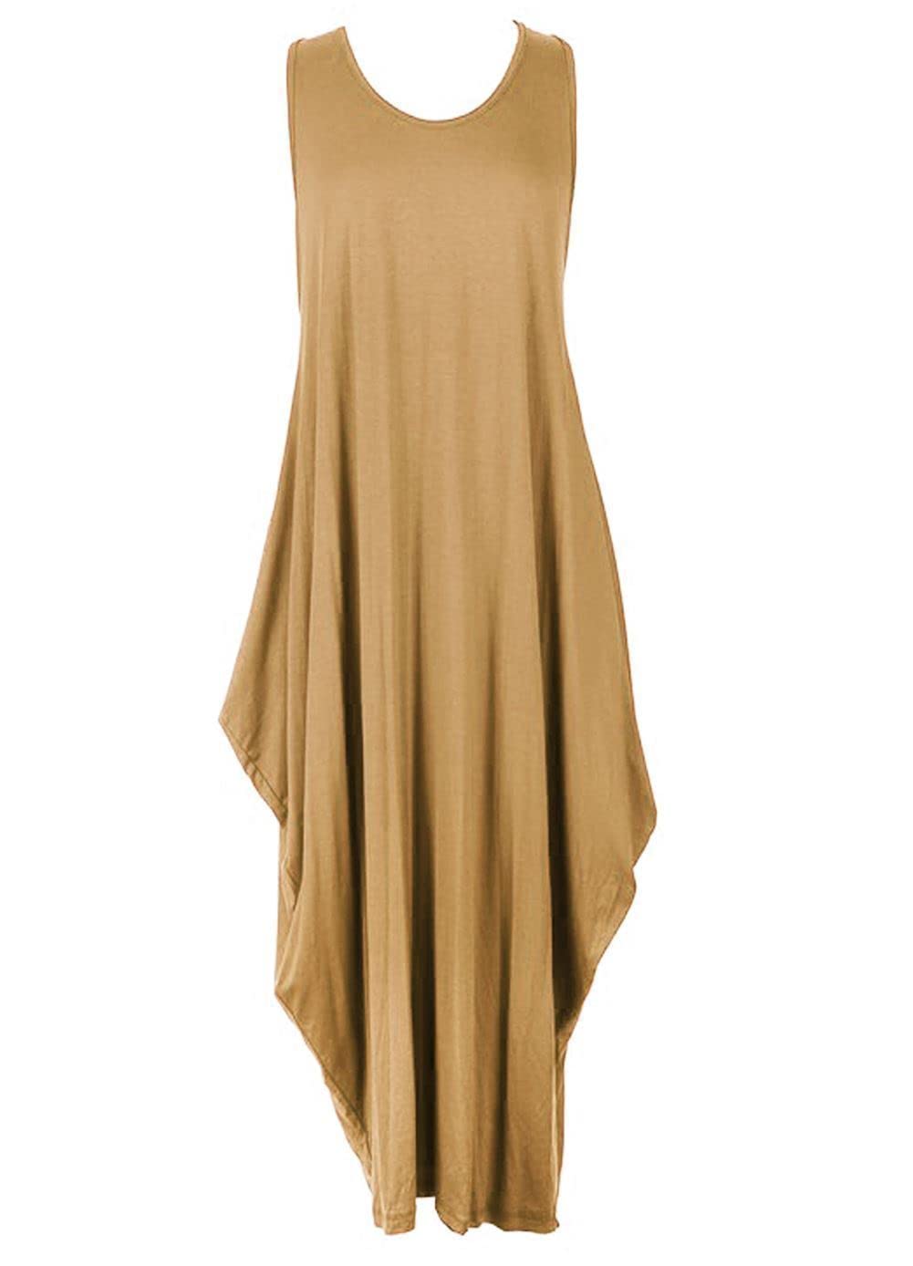 Zee Fashion Women's Camel New Italian Lagenlook Tulip Parachute Dress Stretchy Sleeveless Long Tunic Top 8-18