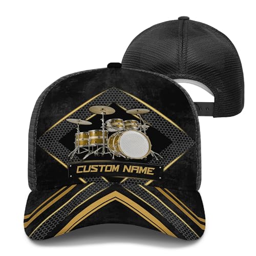 Customized Yellow Drum Set Mesh Trucker Hat with Breathable Drumming Theme Mesh-Back Cap Accessory for Percussionist