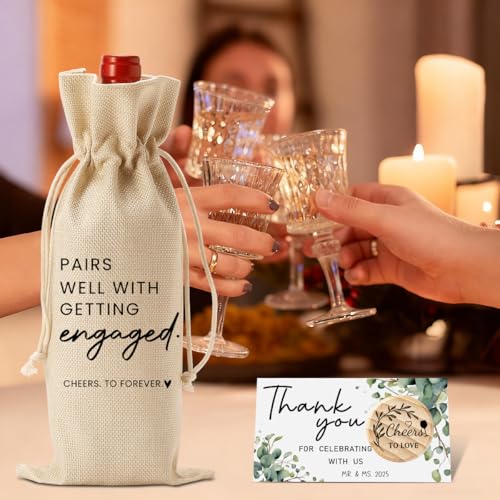 Image of Engaged Gifts Engagement Gifts for Couples Her Engagement Party Decorations | Bridal Shower Decorations Wine Gift Bag Cheers To Forever Wine Bottle Bag with Thank You Card And Stopper