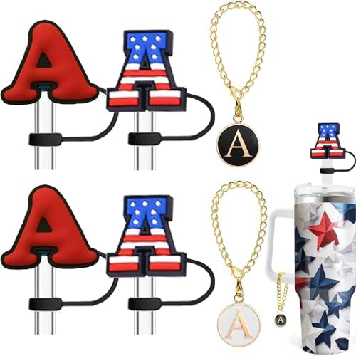 Haundry 4-Pack Straw Cover for Stanley Tumbler, Reusable 10mm Straw Cap Topper with 2 Pcs Initial Letter Charm Accessories for Stanley Cup with Handle, Flag A