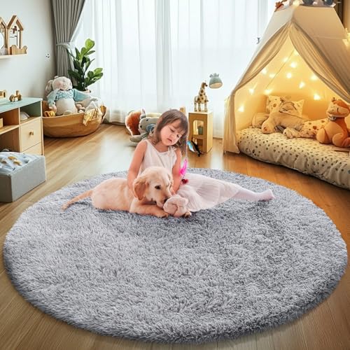 Soft Round Area Rug for Kids Bedroom, Fluffy Fuzzy Shaggy Rug 4'X4'for Living Room, Non Slip Circle Plush Rug for Girls Room Nursery Dorm Decor,Light Grey