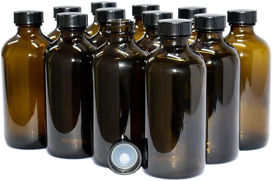 GlassBottleOutlet (Pack of 12) 8 oz. Amber Boston Round with Black Poly Cone Cap