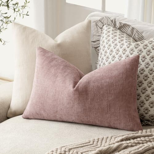 Image of Foindtower Pack of 2 Textured Chenille Throw Decorative Pillow Covers Square Accent Solid Cushion Cover Neutral Farmhouse Lumbar Pillow Case for Couch Sofa Bedroom Living Room 12x20 Inch,Dusty Rose