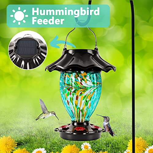 LUJII Solar Powered Color Changing Hummingbird Feeder for Outdoors Hanging, Hand Blown Glass Reservoir, 32 fl.oz, Never Leak, Illuminated Lantern for Garden Decor, for Bird Lover (Teal) by LUJII - Image 3