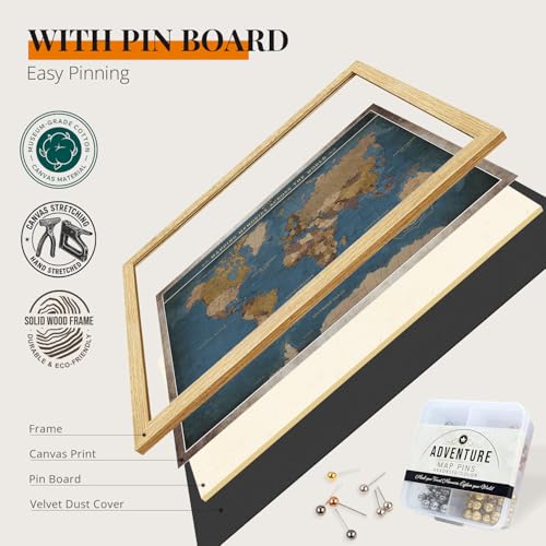 Image of DECORARTS - Oversized Personalized World Travel Map with Pins, Custom Name, Pin Board Canvas Wall Art, Navy Blue World Decor, Optional Wood Frame, Giclee Print, Handcrafted in USA, 40x30''