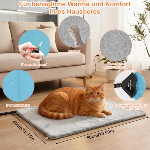 Glovios Haustier Heizkissen Heizdecke Katze Heizdecke Hunde,30–50 ℃ Temperatur & 5 Timer,Bissfestem 1,8 m Kabel,Heizkissen mit Waschbaren Bezügen,40 * 50cm