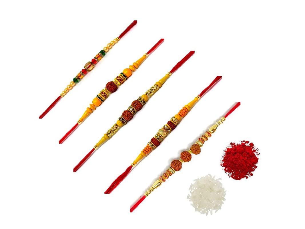 CH Special Rakhi for Brother(Combo of 5) Rakhi Set of Rudraksh/Kundan/Pearl/Dimond Ring/Moti/Beads for Bhaiya Bhabhi Sister Kids with Roli Chawal Rakhi-085CH-image-15