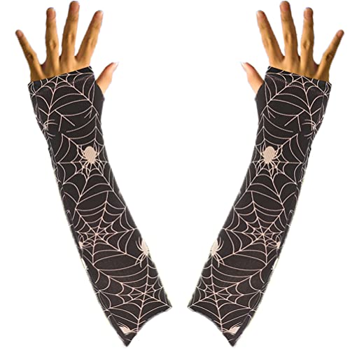 Amosfun 1 Pair Halloween Gloves Arm Sleeve Spider Web Knitted Long Arm Cover Fingerless Sun Protection Sleeve Arm Warmers for Women Men