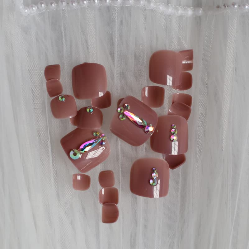 ZYBUXY 24 uñas de los pies a presión color caqui para los dedos de los pies, elegantes y exquisitas piedras brillantes, uñas postizas para novias,