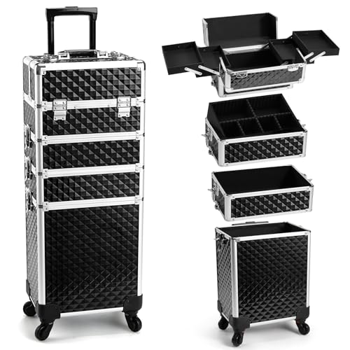 Yueieoun Rolling Makeup Train Case, 4-in-1 Cosmetology Case on Wheels, Nail Tech Cart for Travel, Professional Cosmetic Vanity Case, Suitcase for MUA/Manicure/Tattoo/Style, Lockable Storage Box, Black