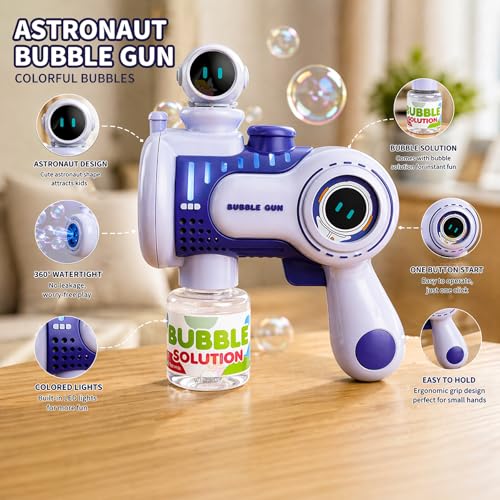 Image of WISHKEY Astronaut Theme Bubble Gun Toy for Kids, Leak-Proof Bubble Blower Machine with Colorful LED Light, Battery Operated Bubble Blaster with 360-Degree Rotating Toy Figure, (Pack of 1, Purple)
