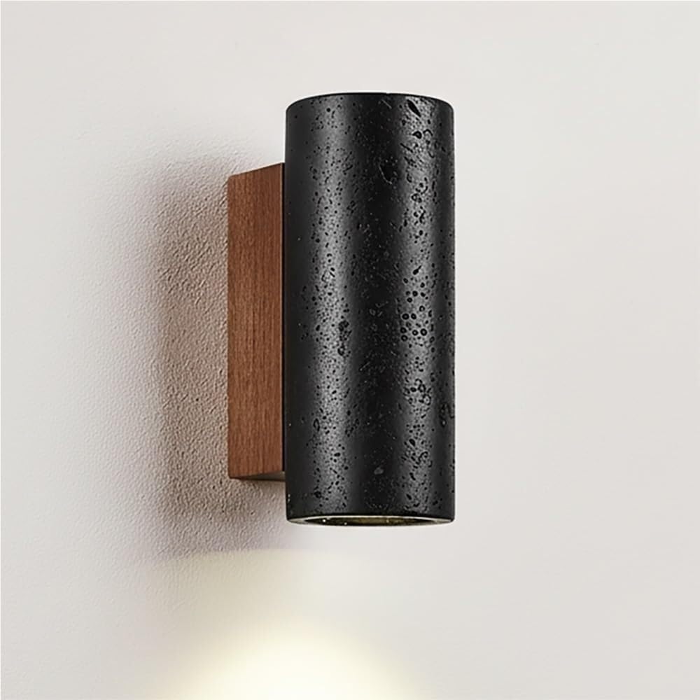 FEITENGDA Japanese Small Black Travertine Wall Sconce Minimalist Cylindrical Stone Wall Lamp Modern Downlight Bedside Reading Wall Light for Hallway Bedroom Study Living Room(16cm/6.30in)