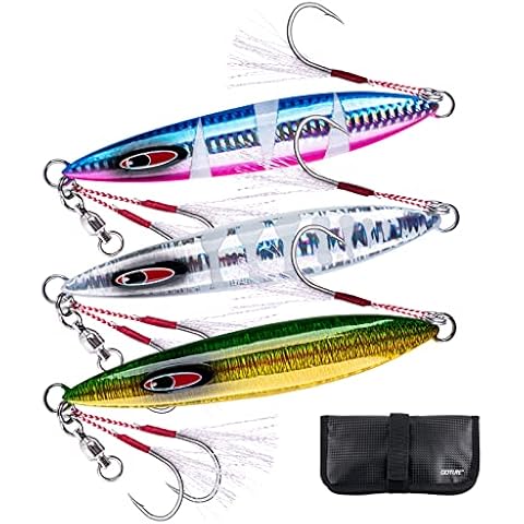 Goture Glow Slow Pitch Jigs with Portable Jig Bag, Double Assist Hook Fishing Jig Lead Saltwater Jigging Lures for Tuna, Dogtooth Tuna, Yellowtail, Kingfish, Bluefin-3Weights(100g/150g/250g) &3Colors Cover
